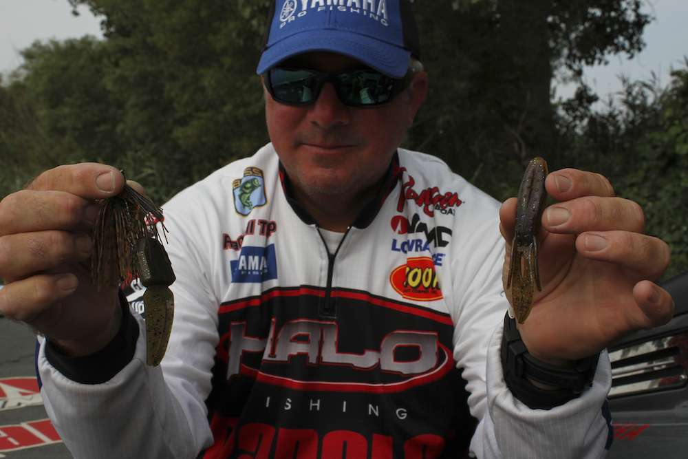 One is his favorites is his signature series 4x4 jig. He likes to pair his 1/2 ounce jig with a Zoom Big Salty trailer on it to give it a bigger profile when flipping. He goes with a Zoom Z-Hog when punching mats.
