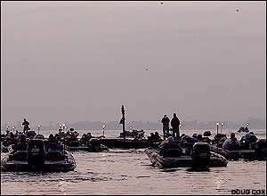 An armada of CITGO Bassmaster Classic boats fills the horizon getting ready for the take off on practice day.
