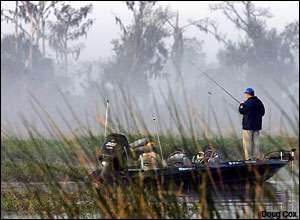 A CITGO Bassmaster Classic competitor fishes in the vegetation during practice.