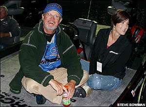 Rick Clunn takes a break while preparing for Day 2 at the Bassmaster Classic. 