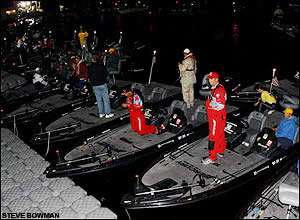 Anglers prepare their boats for the Day 2 takeoff.