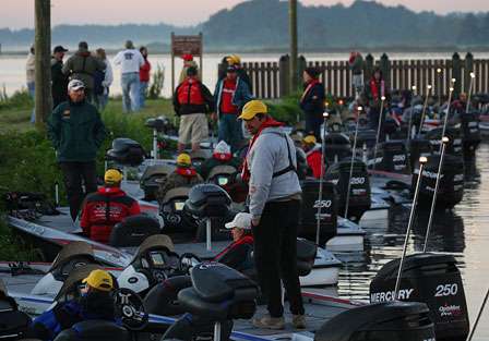 The field of 55 anglers waits for launch time on the final morning of fishing on Lake Toho.