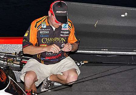 Mike McClelland makes final preparations before heading out to do battle on Lake Amistad.