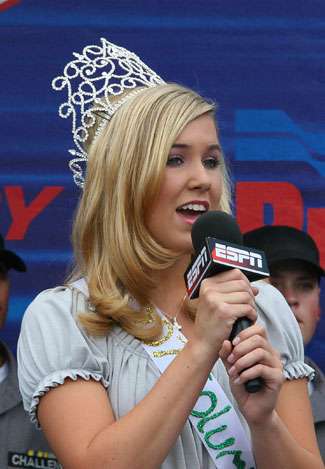 The pageantry of the Elite Series includes actual pageant winners, like this Miss Columbia County, who rocked the national anthem before the weigh-in.