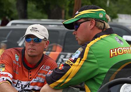 Russ Lane and Timmy Horton visit just prior to registration for the Carolina Clash on Lake Murray.