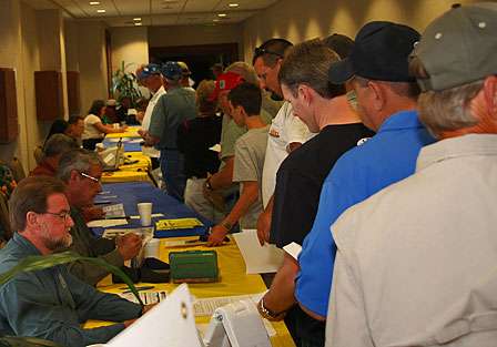 Co-anglers register for the Carolina Clash. It was standing room only in the foyer of the community complex.