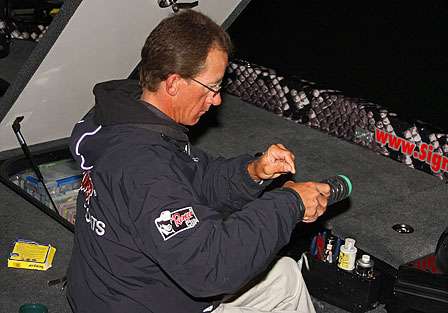Charlie Hartley prepares line as he readies for Day One of the Carolina Clash on Lake Murray.