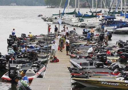 Anglers and their boats after fishing Thursday.
