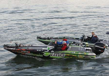 Fred Roumbanis (bottom) and Aaron Martens and their co-anglers launch.