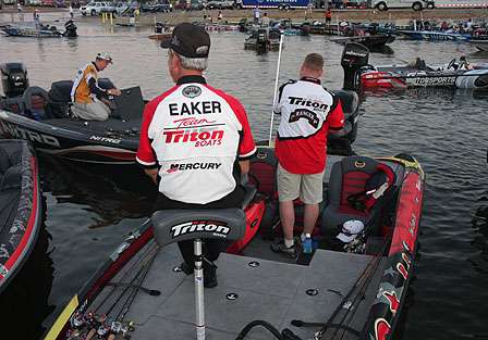 Guy Eaker talks with other anglers as they await the national anthem and the beginning of the Southern Challenge.