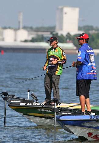 Timmy Horton and Grant Goldbeck had a congenial visit while fishing the same spot on early on Day Two.