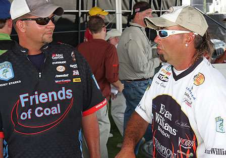 Jeremy Starks and Jason Quinn share notes on Day Two. Starks said he has yet to see what his spot really holds in terms of fish.