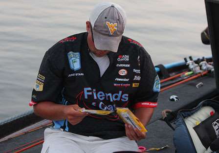 Jeremy Starks rummages through soft plastics early on the final day of competition. 