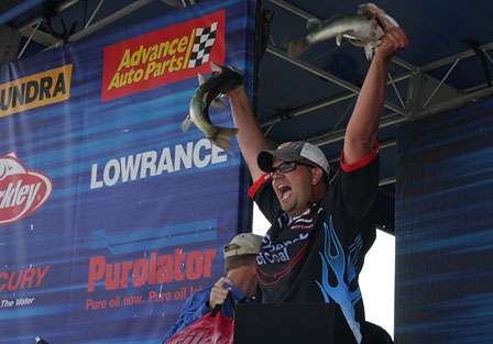 Jeremy Starks reacts to unseating Kevin VanDam by a mere 8 ounces to take the Southern Challenge, his first-ever Elite Series win.
