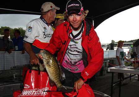 One of the last flights in, and soaked to the bone, Kevin Short still has a fat smallmouth to smile about at the weigh-in, despite finishing 101st in the Bluegrass Brawl.
