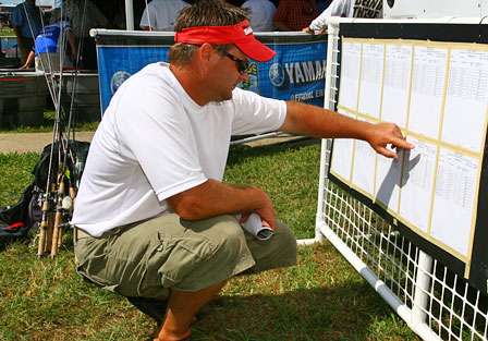 Co-angler Jake Thomas checks the pairings list for Day Two of the Tennessee Triumph. 