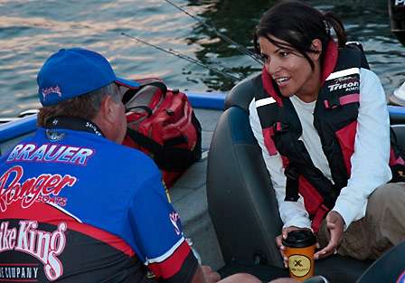 Mary Delgado talks to Denny Brauer, her Day Two pairing, just prior to launch.