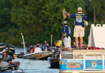 BASS officials begin to organize boats into flights for the Day Two launch on Old Hickory Lake.
