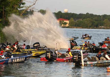 While waiting for the morning takeoff, Bradley Hallman's boat had drifted onto a shallow point and gotten stuck. Hallman applied a little Yamaha power to propel the boat forward. 