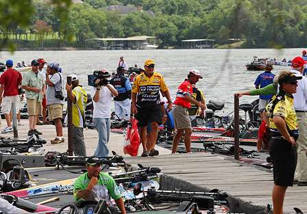 Elite Series pros and their co-anglers begin to bring fish toward the scales as the Day Two weigh-in of the Tennessee Triumph on Old Hickory Lake gets underway.