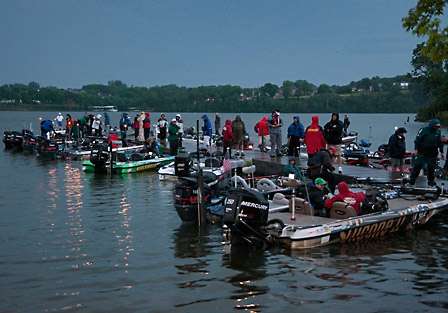 The dock at Sanders Ferry Park is a hub of activity as the Elite Series pros make ready for the final day of tournament competition on Old Hickory Lake.