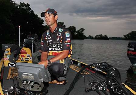 Michael Iaconelli prepares his gear as he talks to media representatives before launch. Iaconelli leaves the dock in seventh place going into the final day.