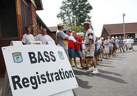 Co-anglers begin to line up to register for the Empire Chase on New York's Lake Erie.
