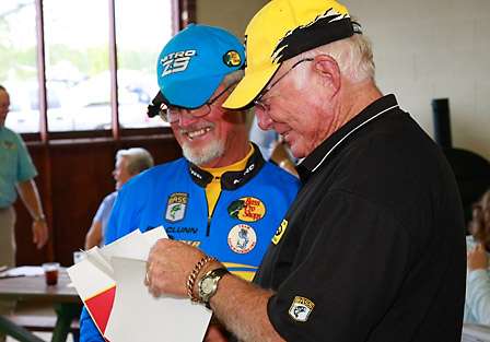Harry Potts and Rick Clunn share a laugh and good conversation while waiting for the anglers meeting to begin.