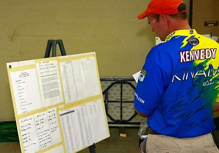 Steve Kennedy glances over the announcement board and Toyota Tundra Bassmaster Angler of the Year standings.
