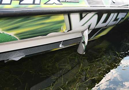 Aaron Martens' boat began to lose the 'Vault' wrap after the Day One pounding on Lake Erie. 