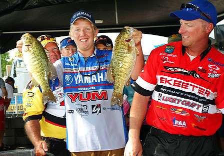 Alton Jones Jr. held the co-angler lead midway through the Day One weigh-in before sliding back to 10th place with 11 pounds, 10 ounces. As a conservation measure, co-anglers are only allowed to weigh three fish each day. 