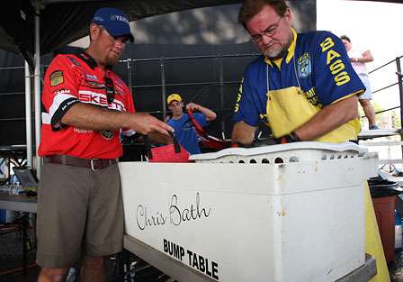 The 'bump table' that every fisherman must bring his fish to at the end of the day, is now dedicated to the memory of former BASS official Chris Bath. Bath died tragically of a heart attack earlier in the year while working the BASS event on Lake Murray. 