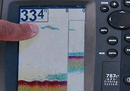 In a sonar view of the bottom of Lake Erie, Mark Zona points to smallmouth bass above a large group of bait.
