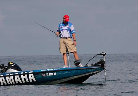 Todd Faircloth follows his electronics around the underwater point where VanDam started his day. Starting in eighth place, and cast down by VanDam, he jumped into 14th in the standings on Day Two. 