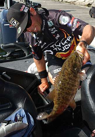 Mike Iaconelli sacks his fish before the Day Four weigh-in. Iaconelli had the lead after two days on Lake Erie, but faded to fifth place in the end with 79 pounds, 7 ounces. 