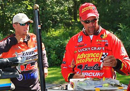 Russ Lane and Marty Stone visit before the anglers meeting and do a little bait swapping.