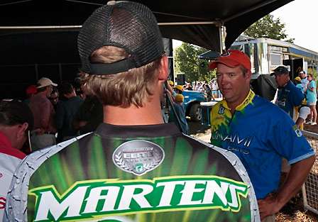 Aaron Martens and Steve Kennedy talk backstage before Martens weighs in. Kennedy who led Day One was knocked out of the top twelve and finished in 19th with 39 pounds, 6 ounces. Martens finished the day in 27th with 37 pounds, 15 ounces.
