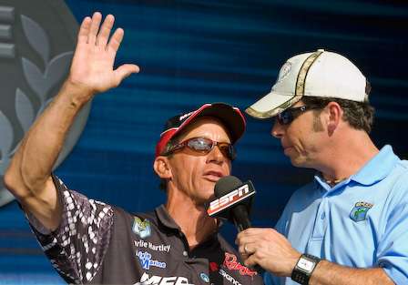 Charley Hartley waves to fans after finishing his Elite Series season. Hartley failed to finish high enough in the standings to get an automatic berth into the tour next year. Hartley said he would fish the Bassmaster Opens and attempt to re-qualify.  