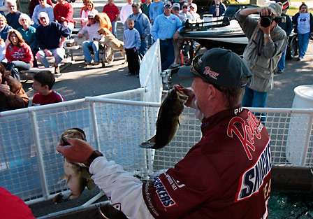 Greg Pugh holds up his catch for a snapshot prior to weighing in. He would finish the tournament in eighth with 53 pounds, 5 ounces.