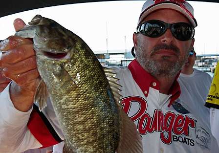 Several anglers brought Lake Texoma smallmouth bass to the scales on Day One. Pro Joe Erwin shows one that helped him into 52nd place with a total weight of 7-2.