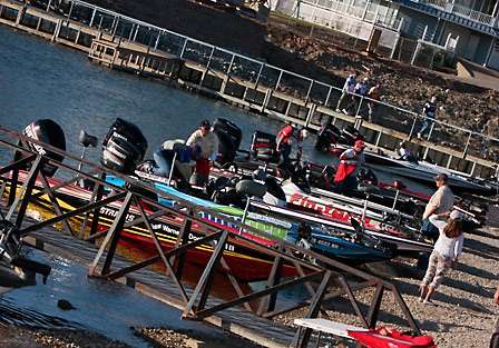 Pro boats were beached along the cove at the Highport Resort and Marina as they made their way to the weigh-in.