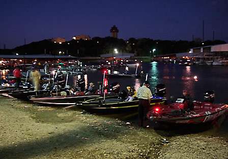 The earliest anglers to arrive take the opportunity to beach their boats near the parking lot of the Highport Resort and Marina.