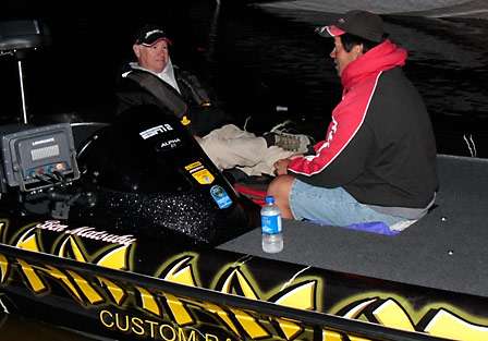 Bassmaster Elite pro Ben Matsubu (right) was plagued with a kidney stone and a head cold earlier in the week but told his co-angler, Jim Nelson, he felt better on Day Three.