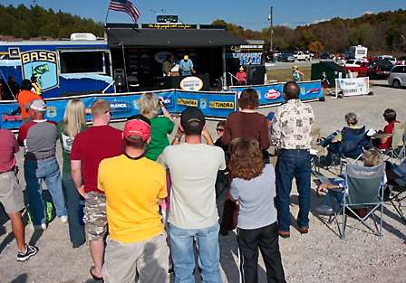 A large crowd of BASS fans fill the parking lot to see who will take the championship and who will be going to the Bassmaster Classic in February.