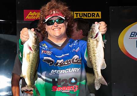 Kathy Crowder brought the Purolator Big Bass to the scale on Day One and Day Two, sealing the deal with the help of these two bass on the final day.