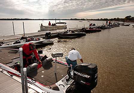 The first flight fills the docks as the second flight begins to arrive at the weigh-in site at Wooten Park.