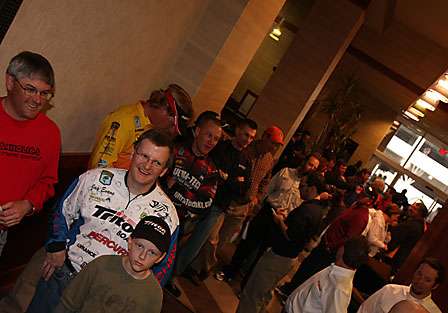 The registration line spills out into the lobby of the Shreveport Hilton as anglers make their way through the registration process and sponsor booths.