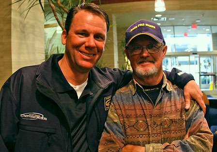 Bassmaster tournament legends Kevin VanDam and Rick Clunn visited before the anglers meeting began. VanDam said of Clunn, 