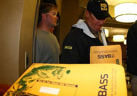 Tim Horton and Terry Scroggins stand in line to get their credentials for the 2009 Bassmaster Classic.