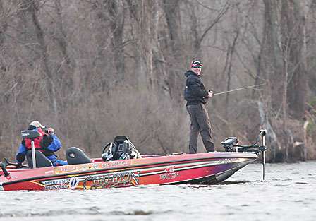 Mike McClelland looks back at Skeet and the ESPN media boat as they continue in the opposite direction down the bank.